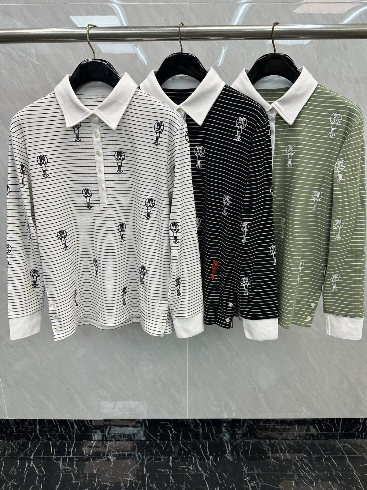 Thom Browne Style Balloon-Embroidered Striped Long-Sleeve Polo