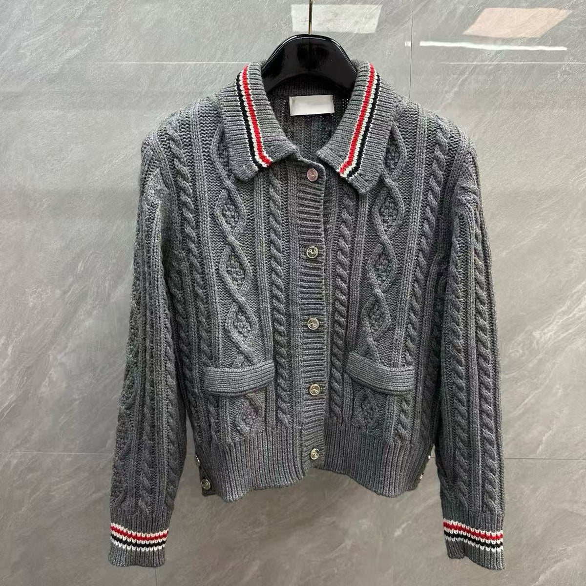 Thom Browne Style Gray Cable-Knit Collared Cardigan