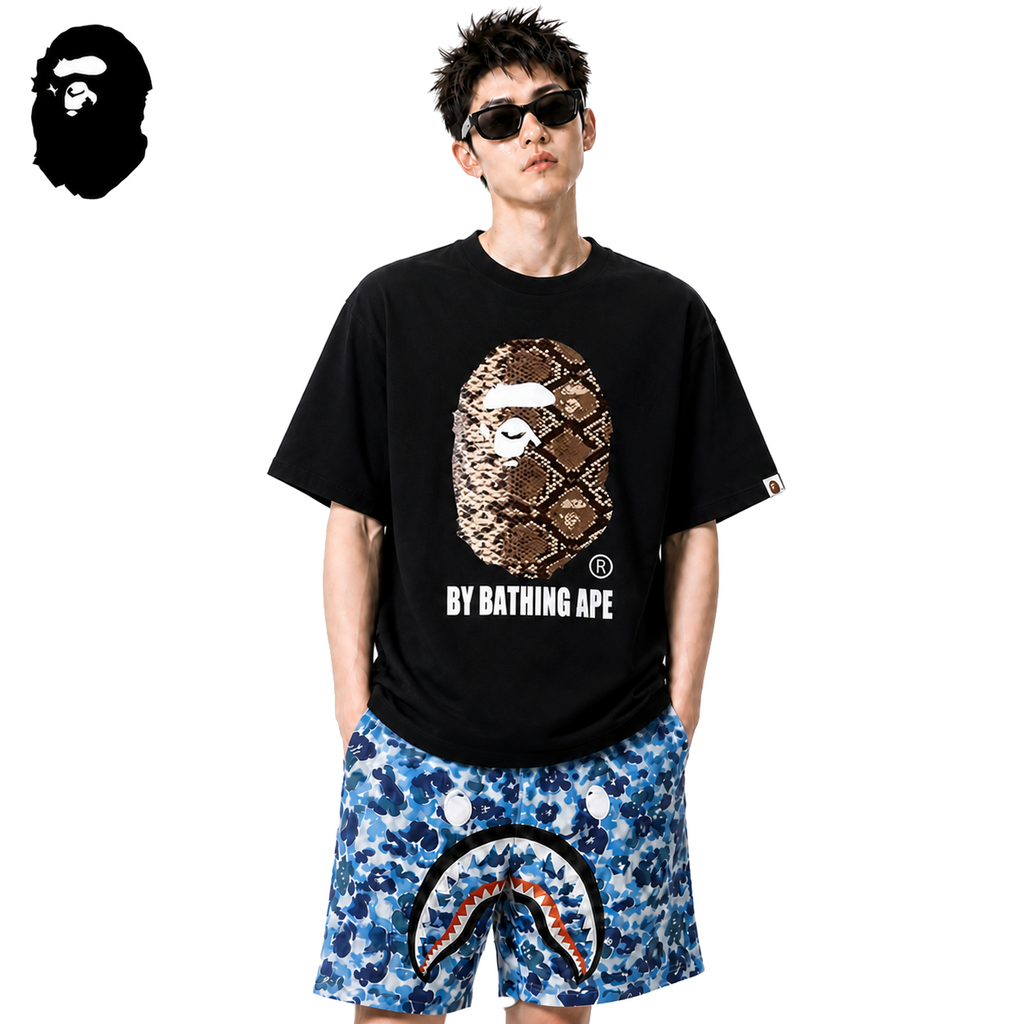 BAPE Snake Pattern Ape Head Men's T-Shirt - Black