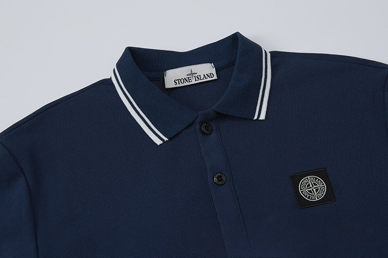 Stone Island Compass Patch Striped Collar Short Sleeve Polo Streetwear