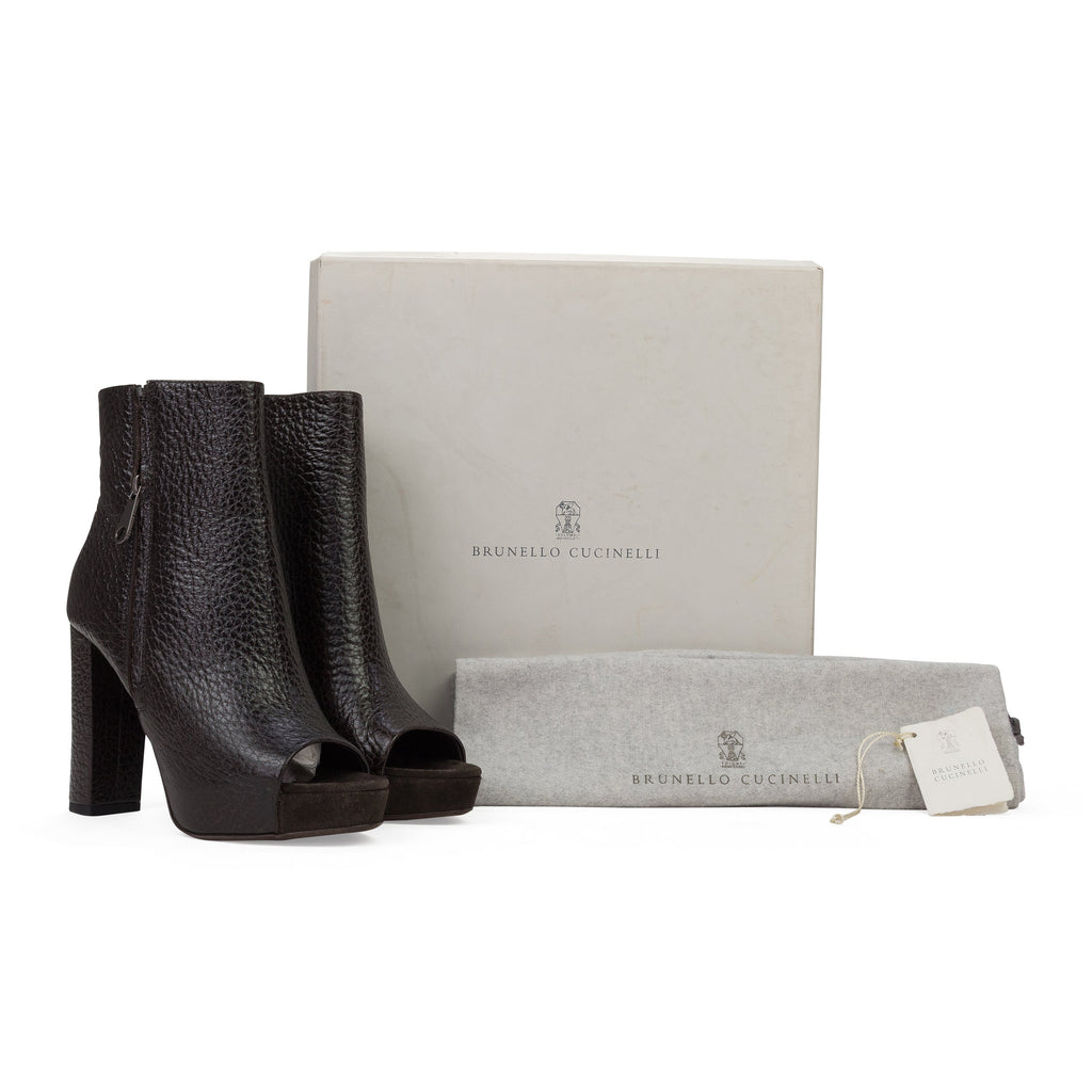 BROWN PEEP TOE HEELED BOOTS