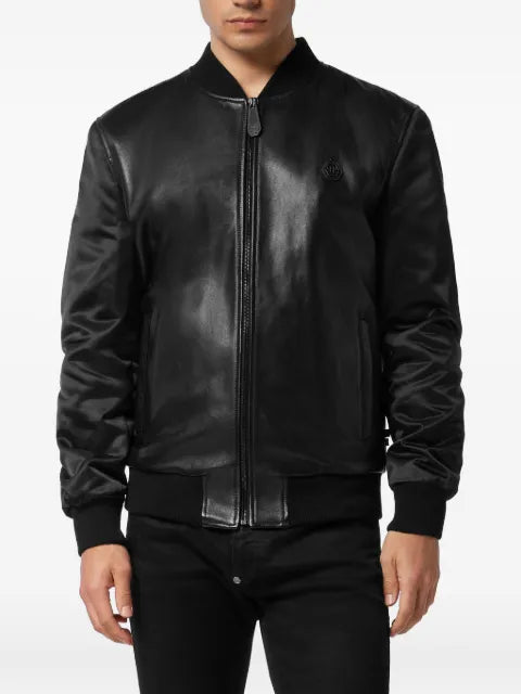 Philipp Plein leather bomber with nylon sleeves