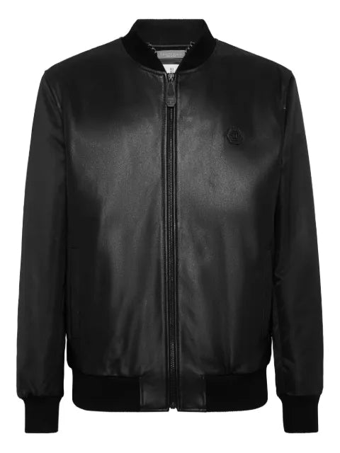 Philipp Plein leather bomber with nylon sleeves