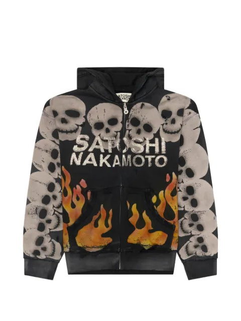 SATOSHI NAKAMOTO skull-print flame-print hoodie