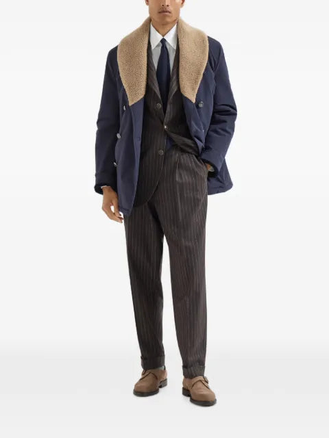 Brunello Cucinelli virgin wool and cashmere chalk stripe flannel tailor blazer