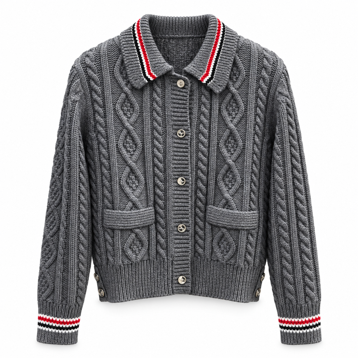 Thom Browne Style Gray Cable-Knit Collared Cardigan