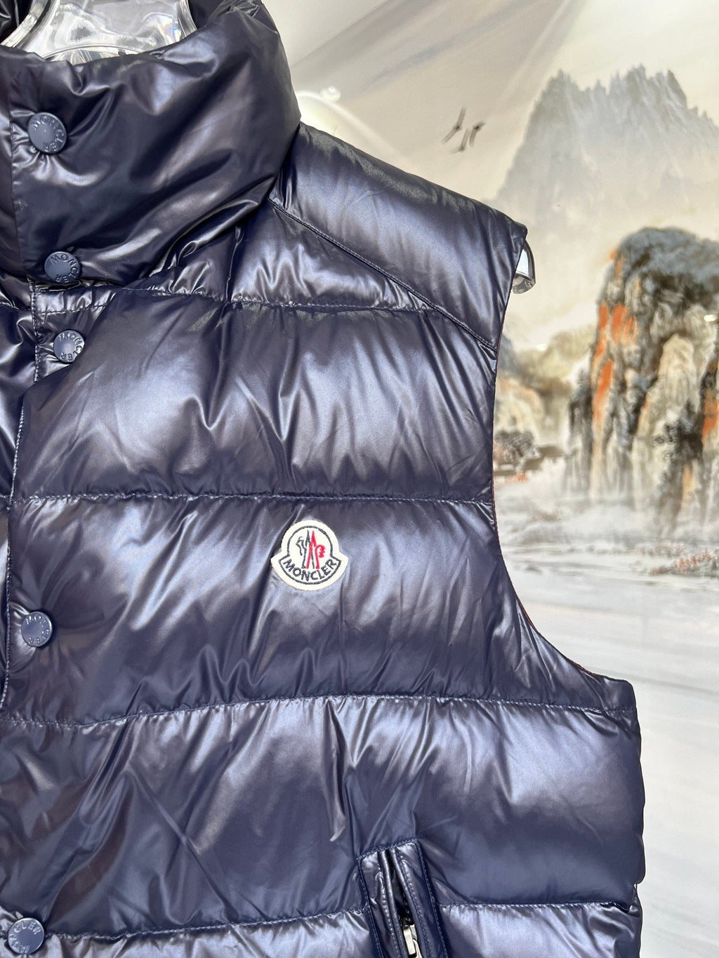 Moncler Dark Navy Glossy Puffer Vest with Stand Collar