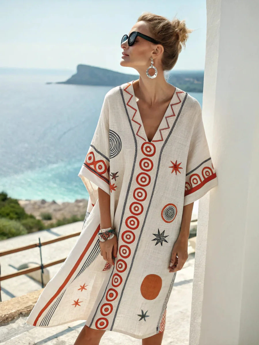 Women's Boho Geometric-Print V-Neck Asymmetric Kaftan Dress