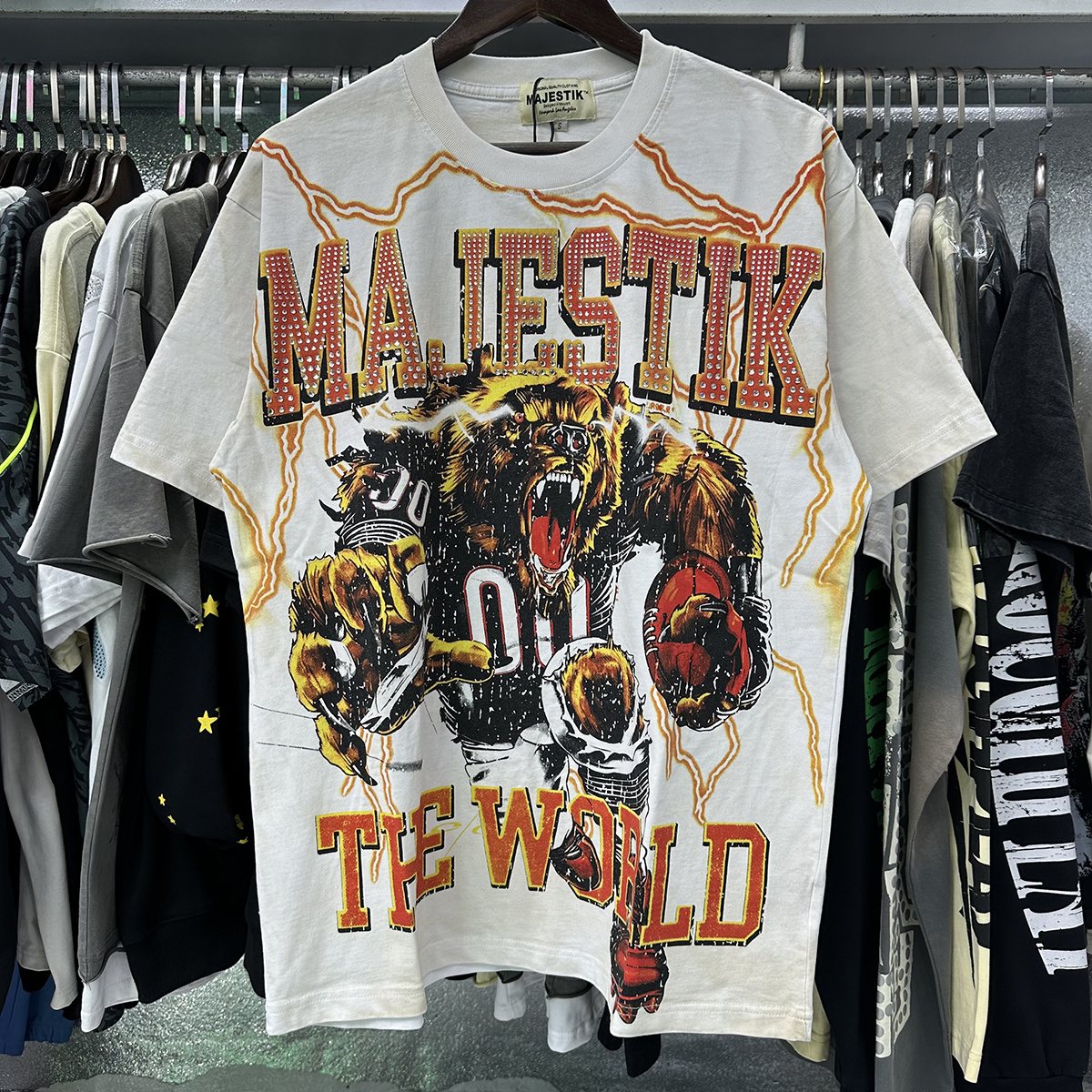 MAJESTIK Fearless 00 Football Bear Graphic T-Shirt