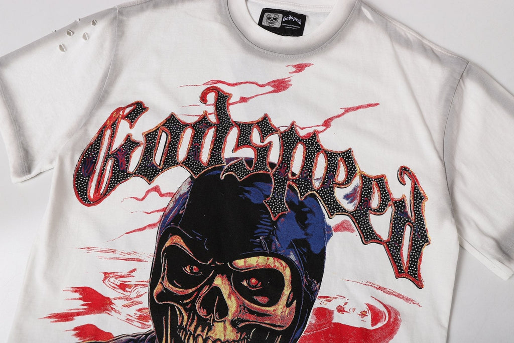 Godspeed Skull Graphic Distressed Sleeve T-Shirt