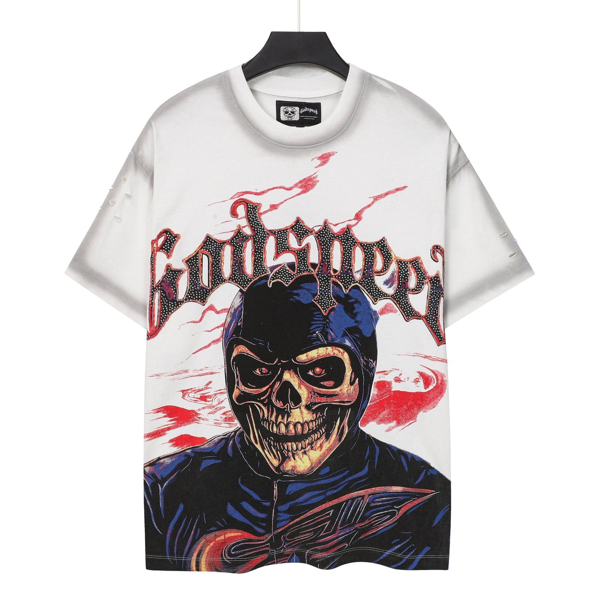 Godspeed Skull Graphic Distressed Sleeve T-Shirt