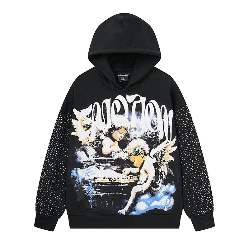 Mixed Emotion Angel Rhinestone Sleeve Graphic Hoodie