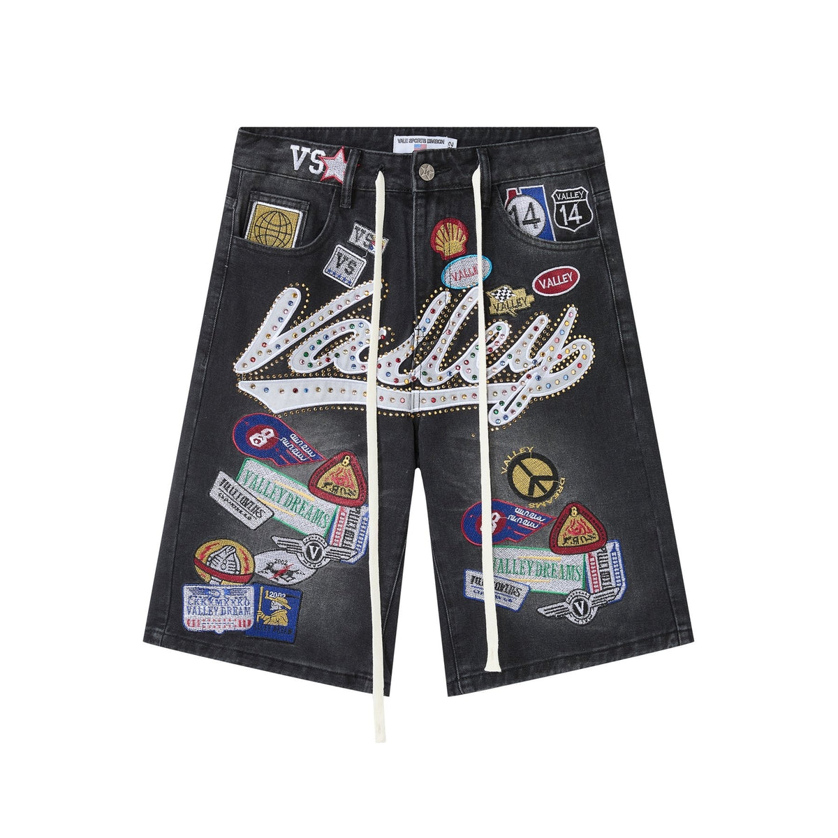 VALE 1980s Patch Rhinestone Denim Shorts