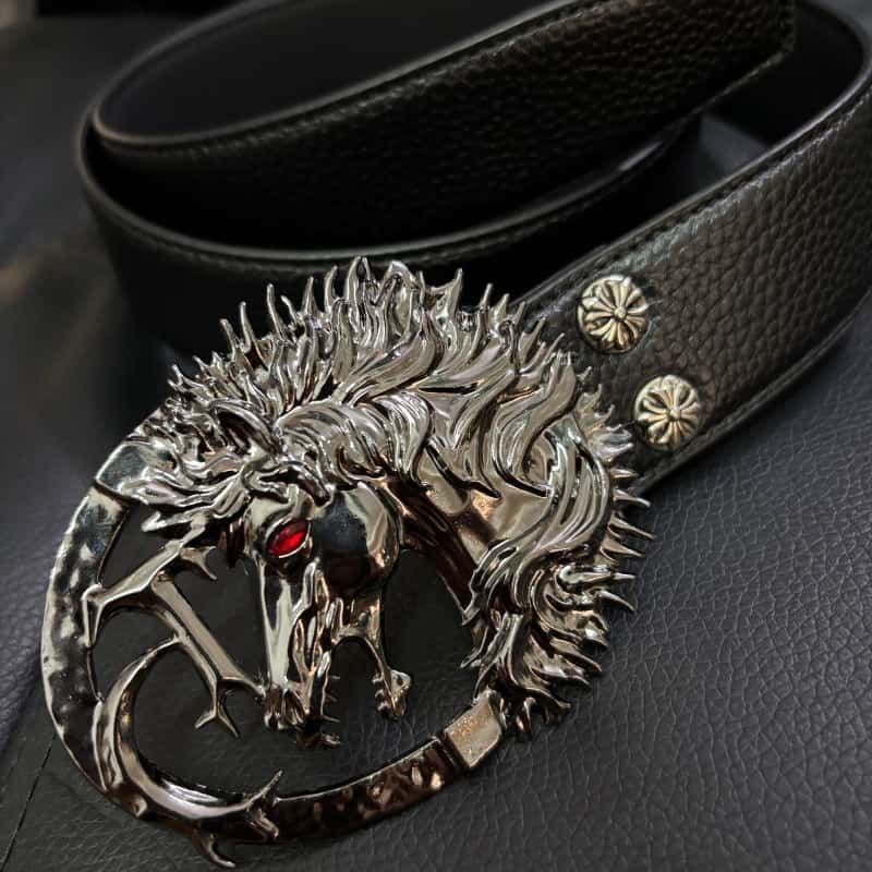 Pegasus Leather Belt Black Litchi Grain Red Zircon Sculpted Waist Belt