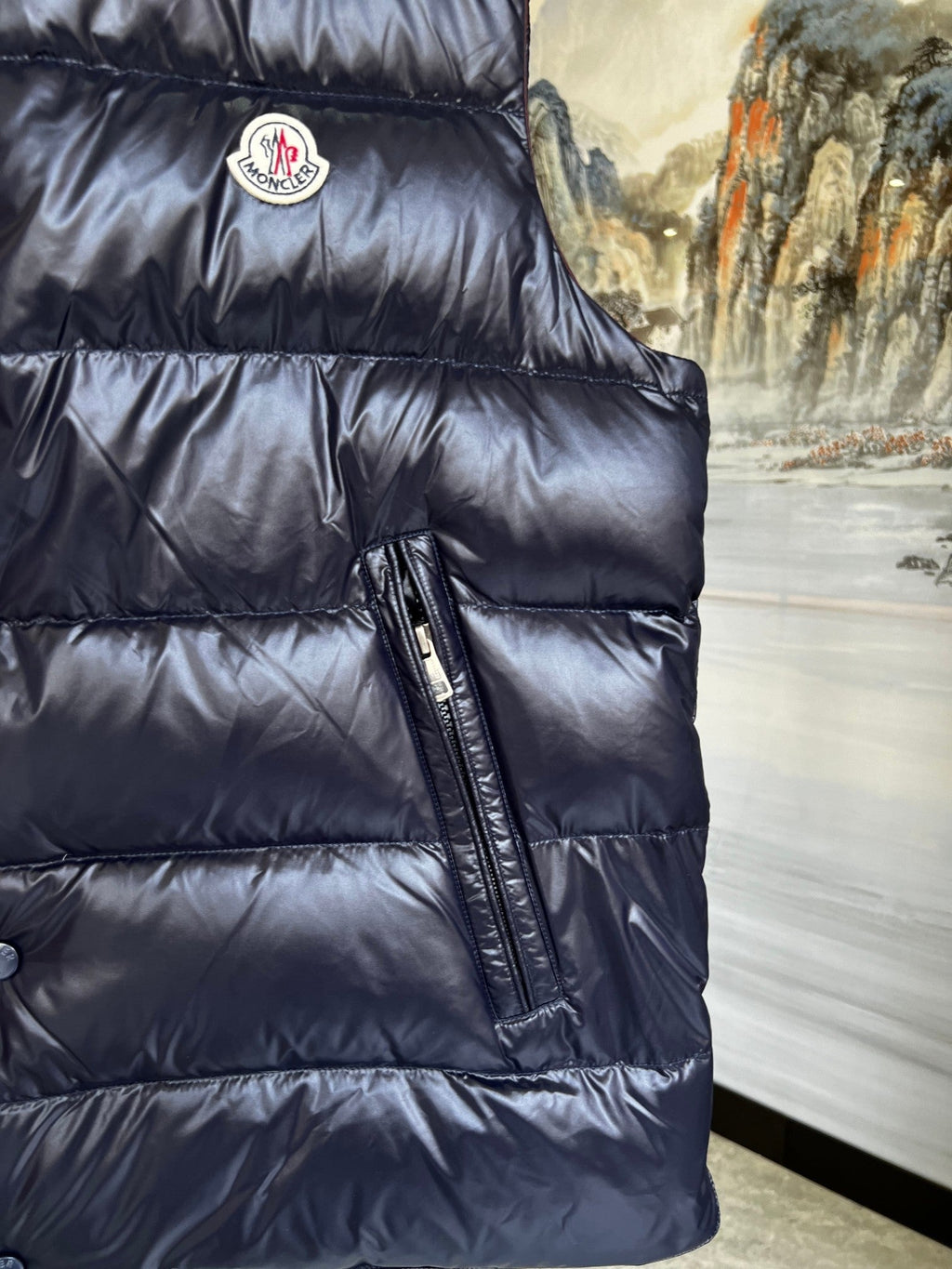 Moncler Dark Navy Glossy Puffer Vest with Stand Collar