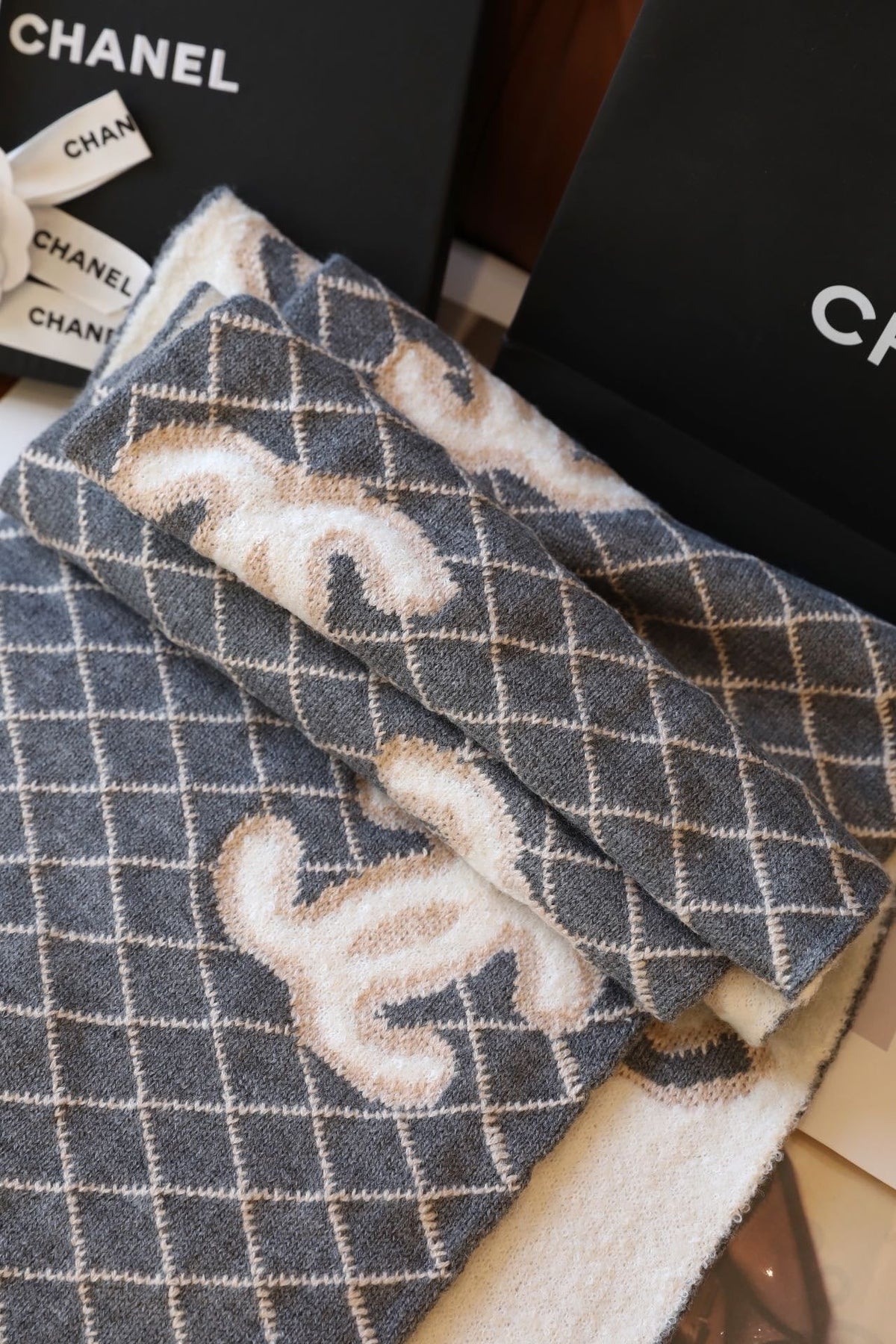 Chanel Style Fuzzy Reversible Diamond Logo Scarf