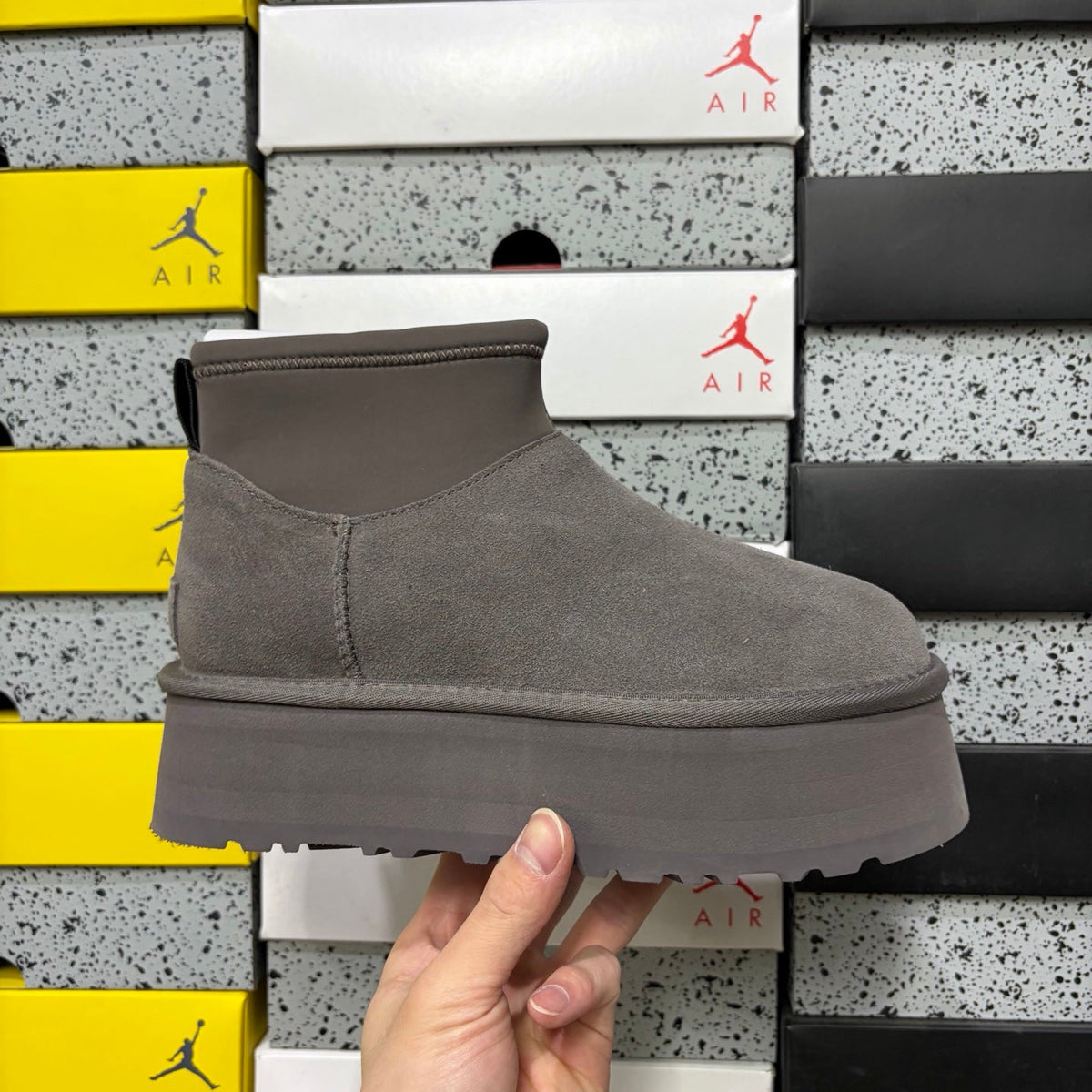 UGG Classic Mini Weather Hybrid Women's Boot – Suede & Stretch Collar Ankle Boot with Orange Pull Loop, UGG SugrSole & Weather-Resistant Construction in Grey