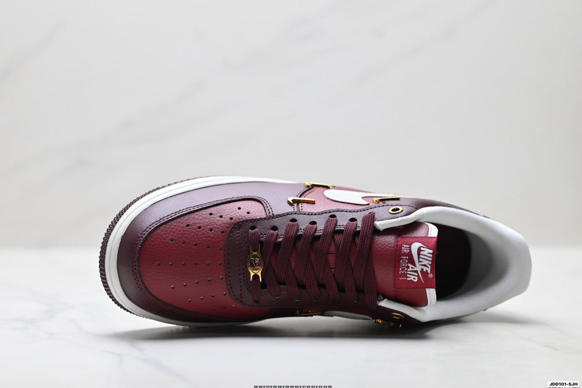 Nike Air Force 1 Low Burgundy White Gold Unisex Sneakers Style 02