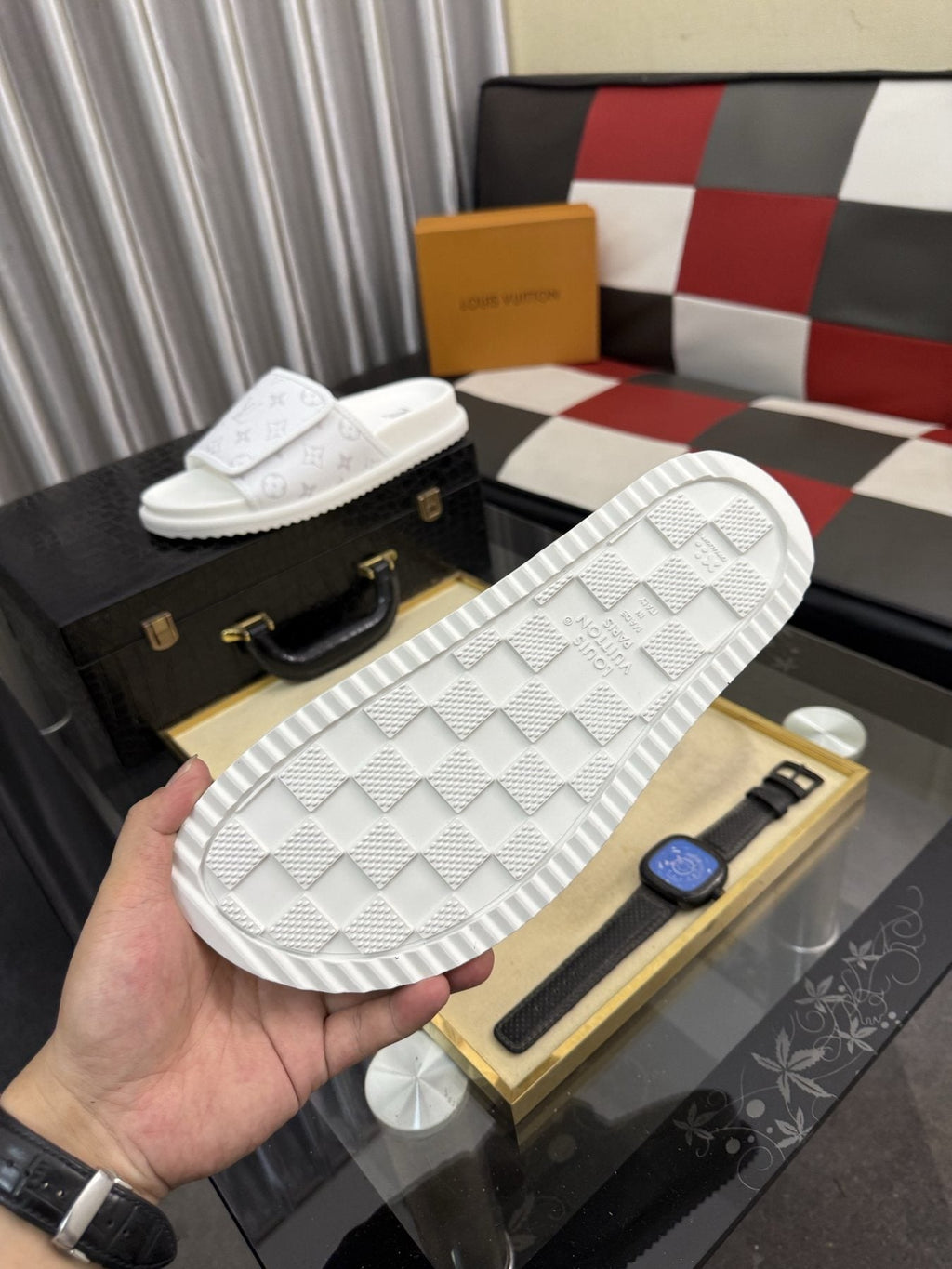 Louis Vuitton Light Gray Monogram Slide Sandals