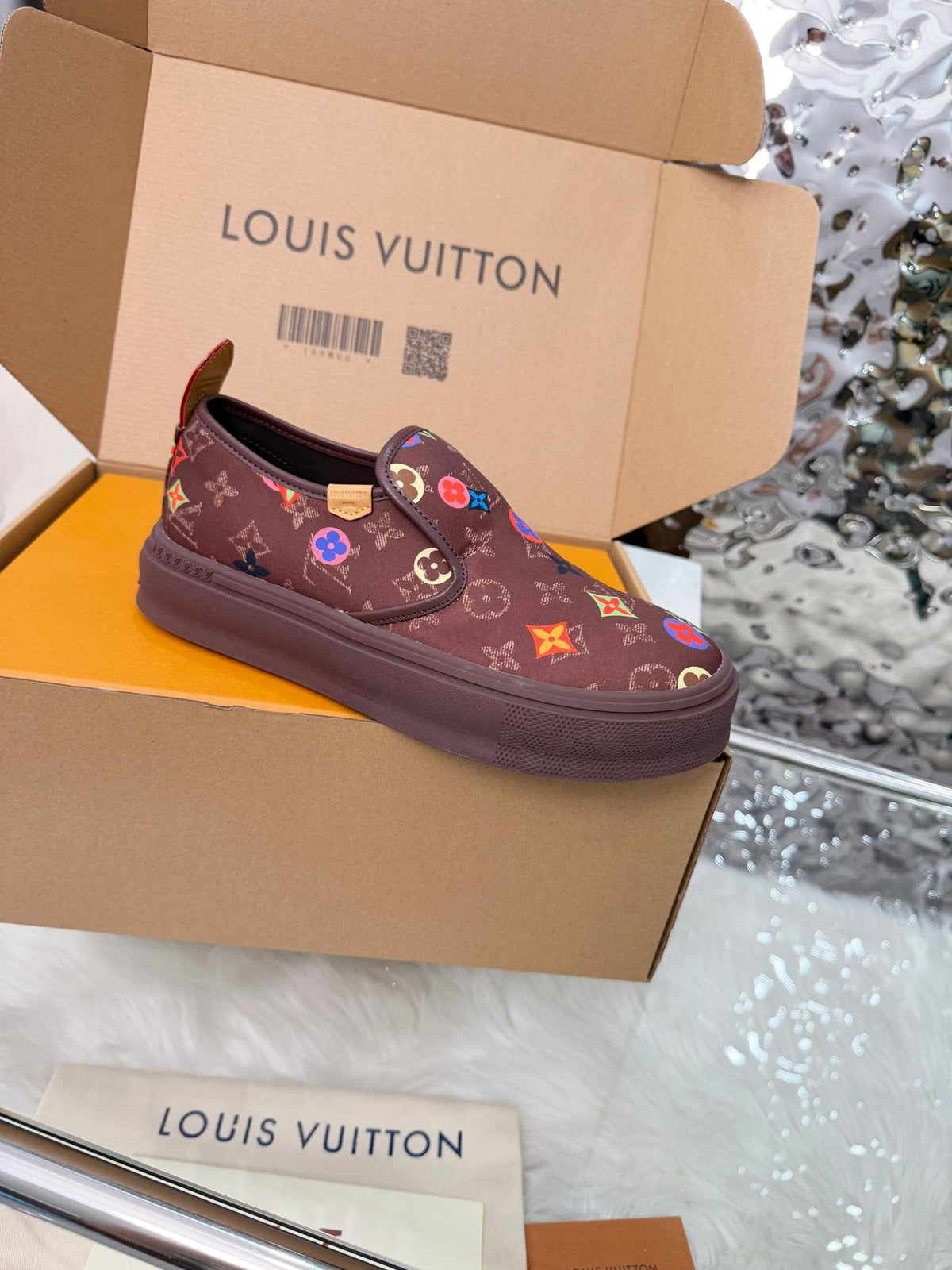 Louis Vuitton Men's Dark Brown Multicolor Motif Slip-On Shoes