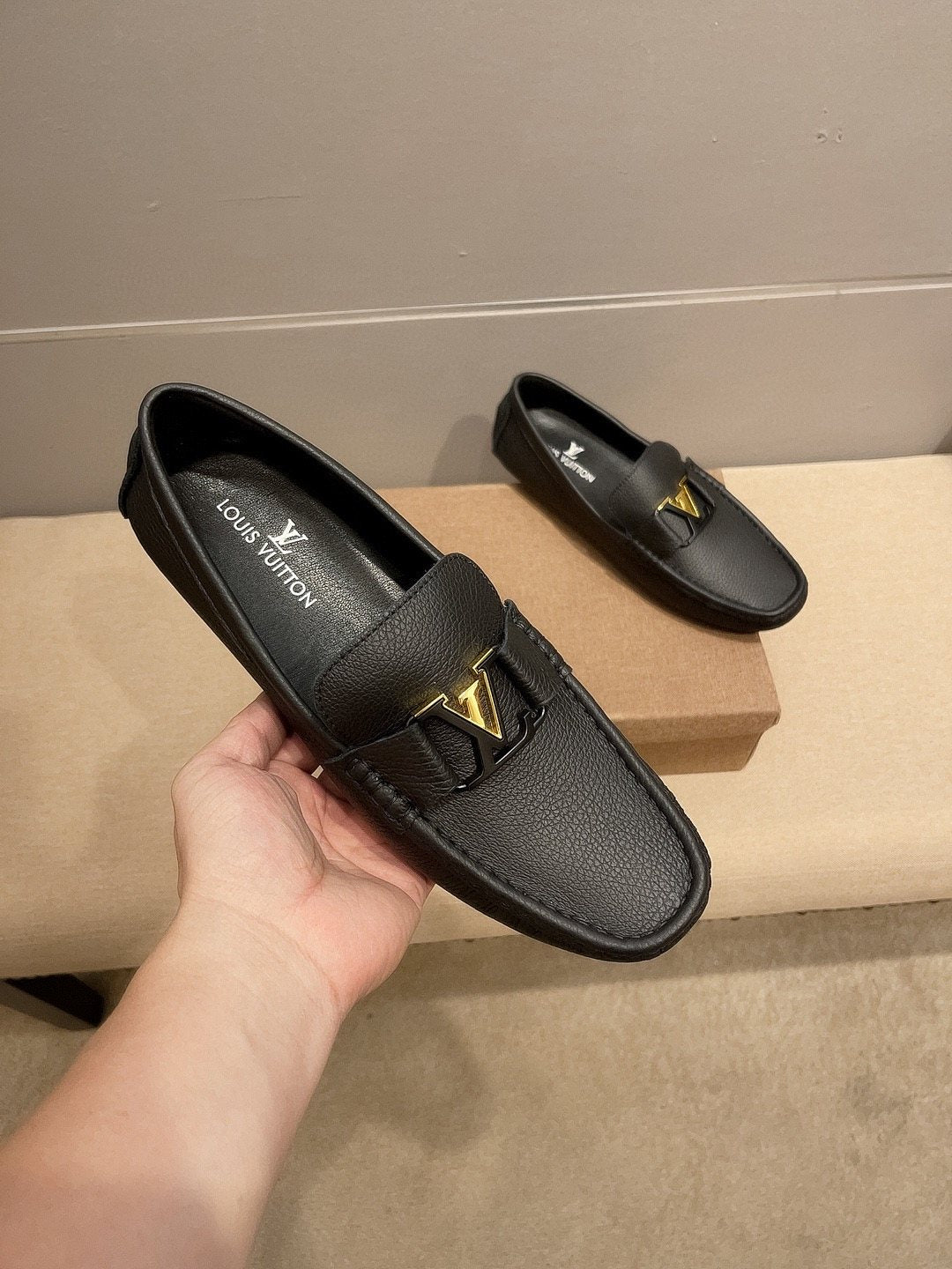 Louis Vuitton Black Gold-Tone Buckle Loafers