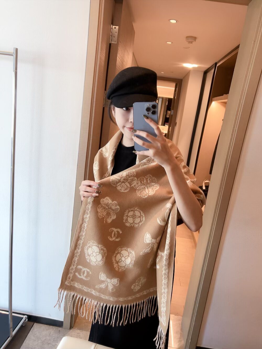 Chanel Logo-Pattern Fringed Scarf