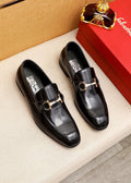 Ferragamo Black Buckle Loafers - Metallic Vamp Buckle