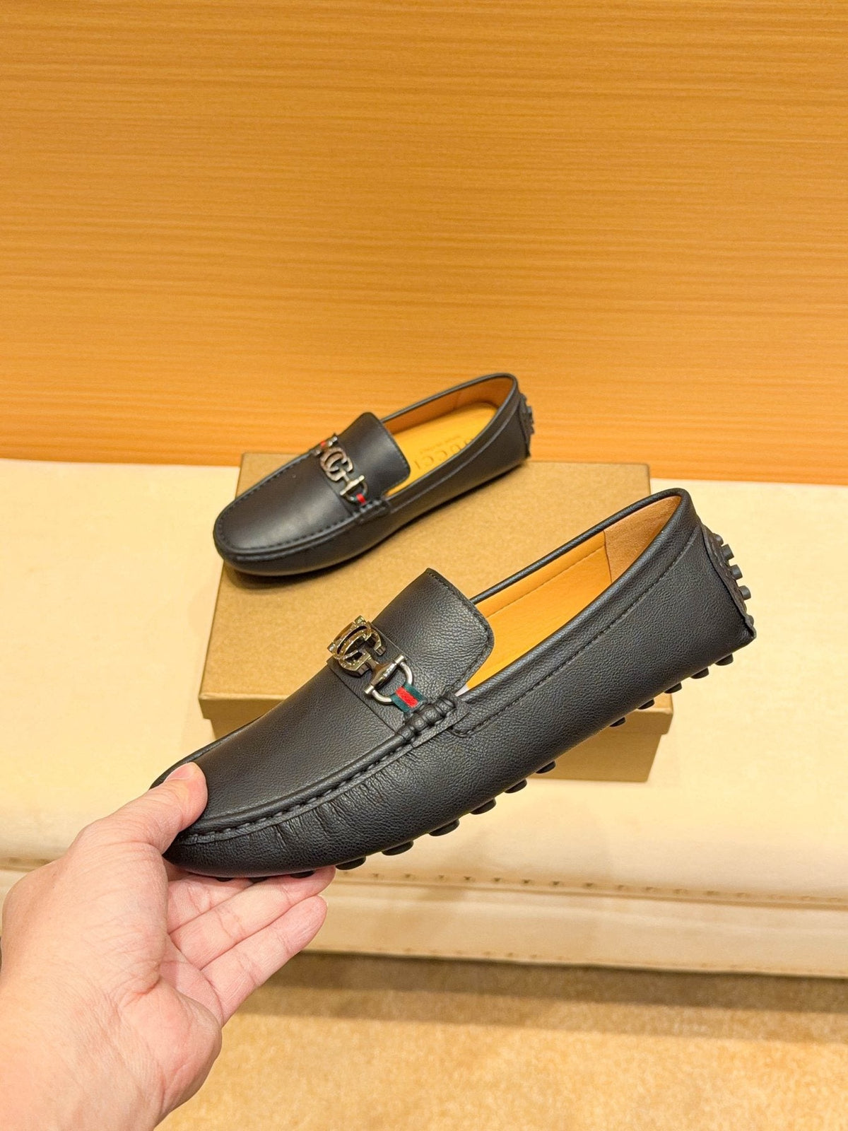 Gucci Men's Black Textured Loafers - Rubber-Nub Outsole