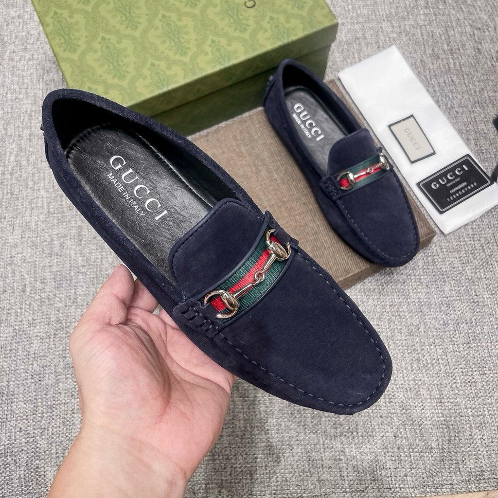 Gucci Navy Striped-Bit Driving Loafers