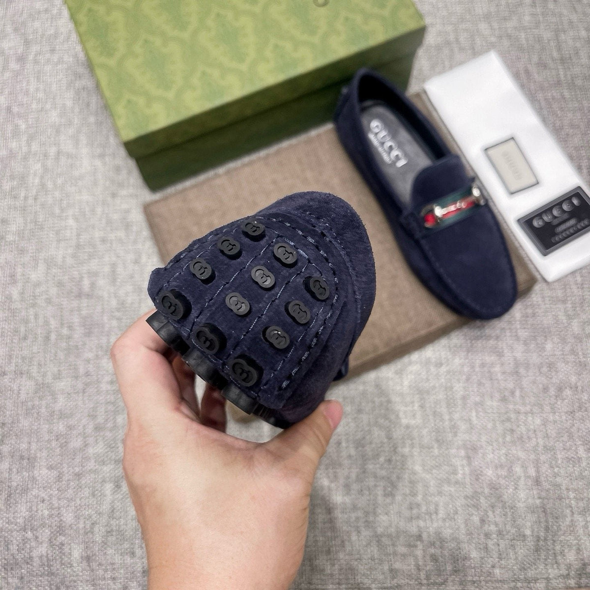 Gucci Navy Striped-Bit Driving Loafers