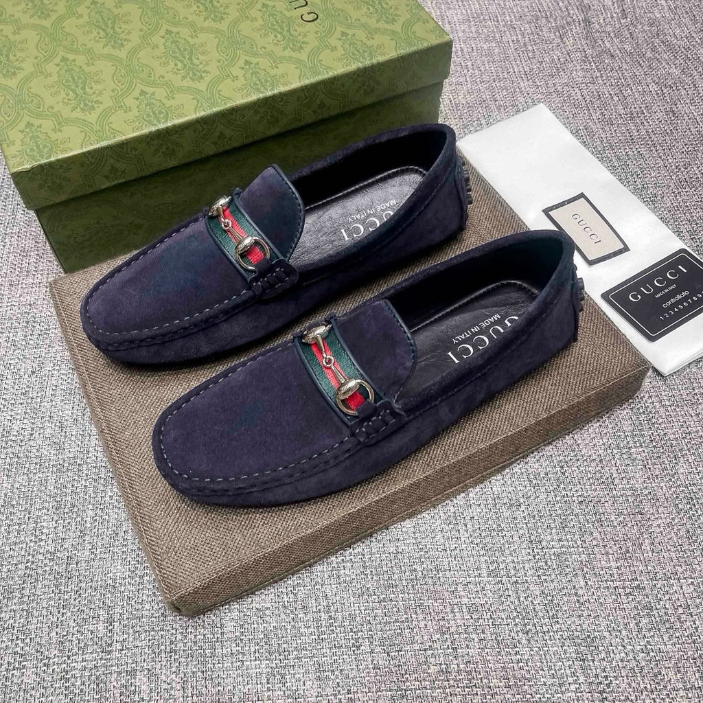 Gucci Navy Striped-Bit Driving Loafers