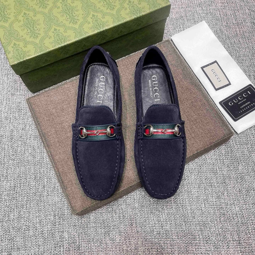 Gucci Navy Striped-Bit Driving Loafers