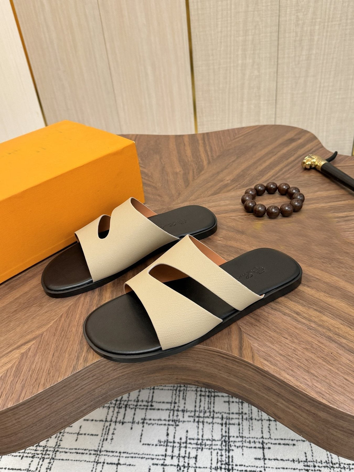 Loro Piana Cream and Black Slide Sandals