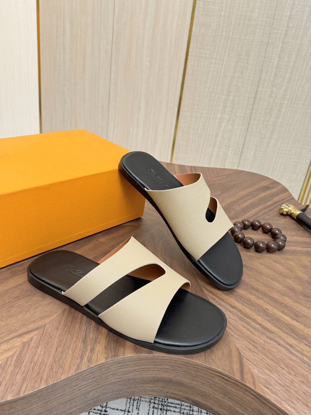 Loro Piana Cream and Black Slide Sandals