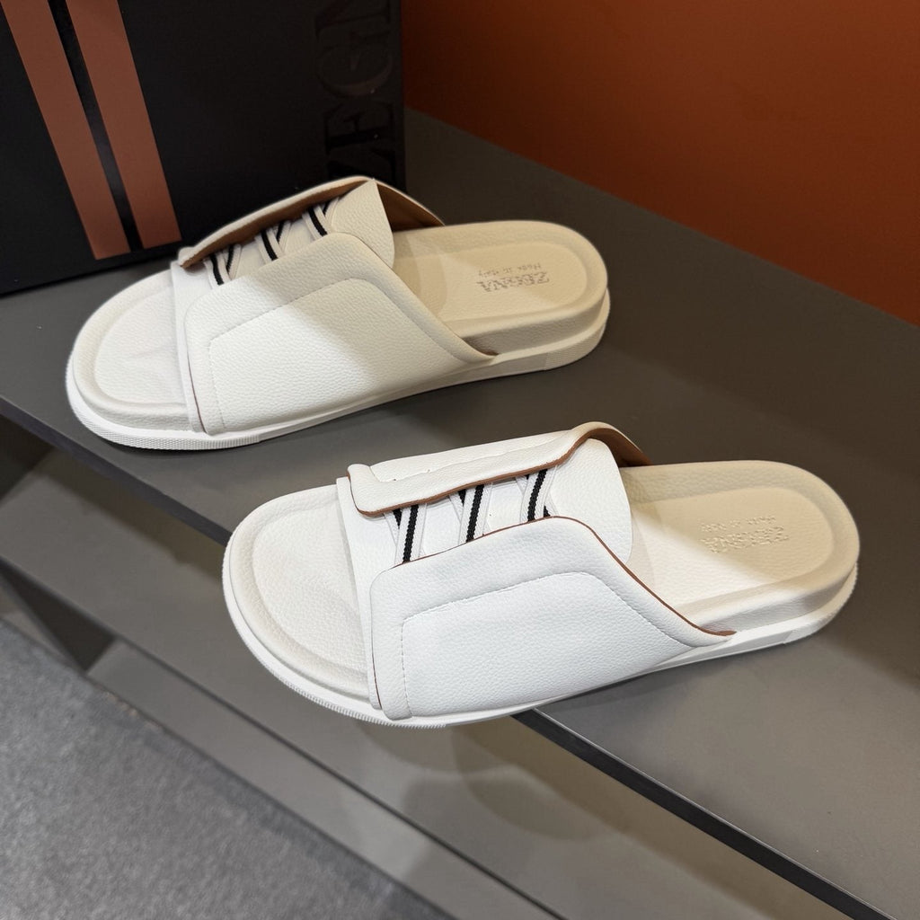 Zegna Men's White Striped Slide Sandals