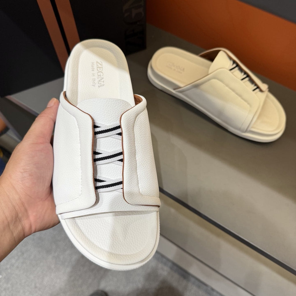 Zegna Men's White Striped Slide Sandals