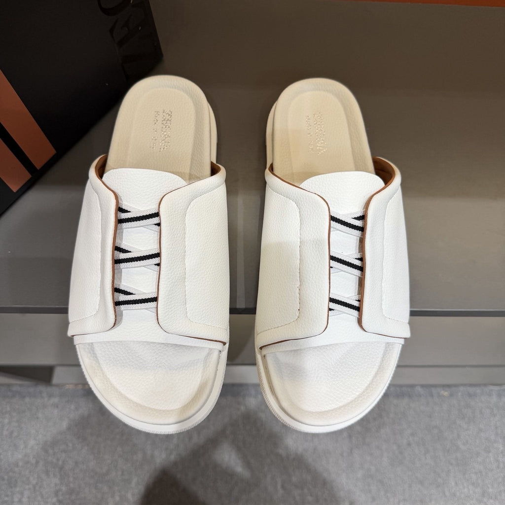 Zegna Men's White Striped Slide Sandals