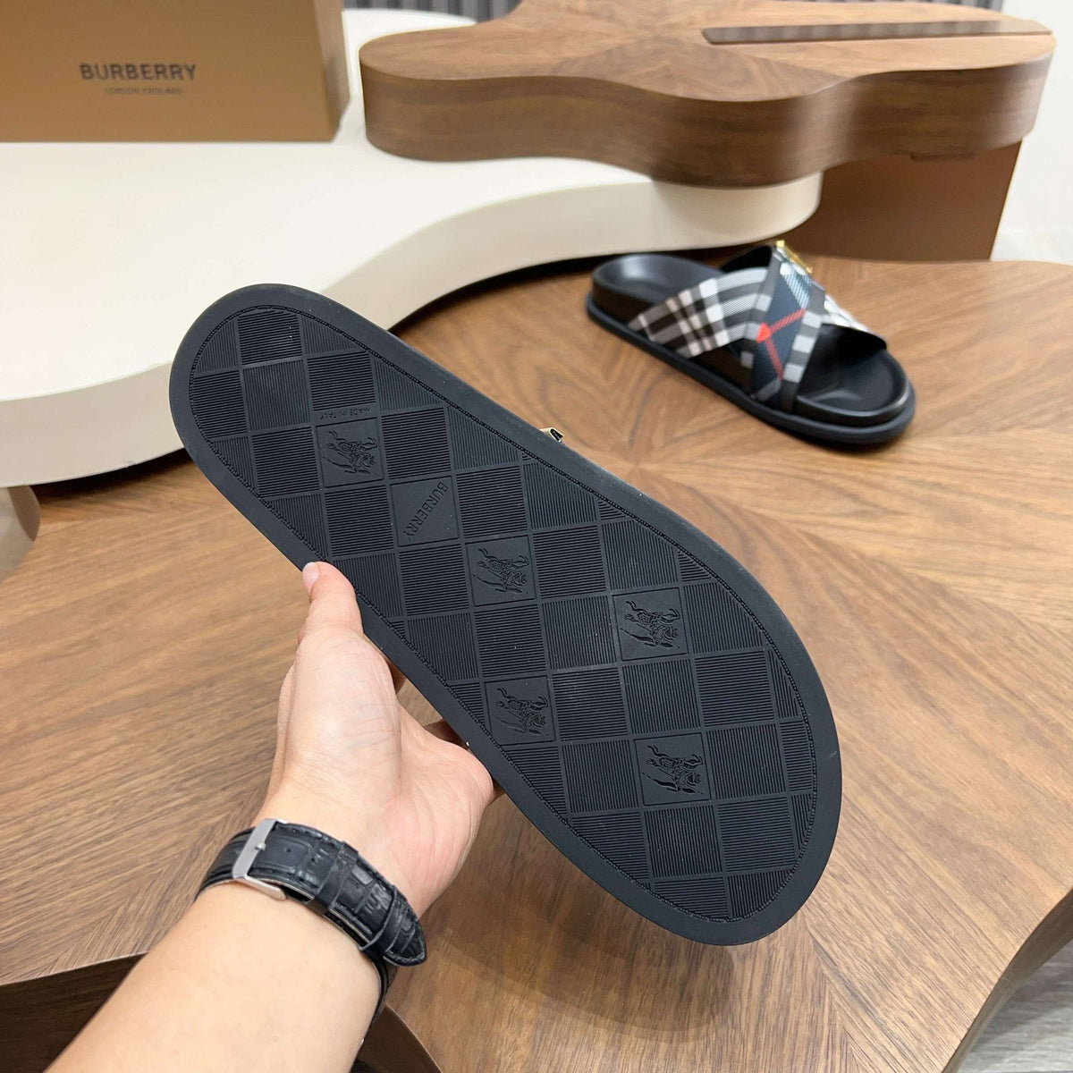 Burberry Checked Cross-Strap Slide Sandals
