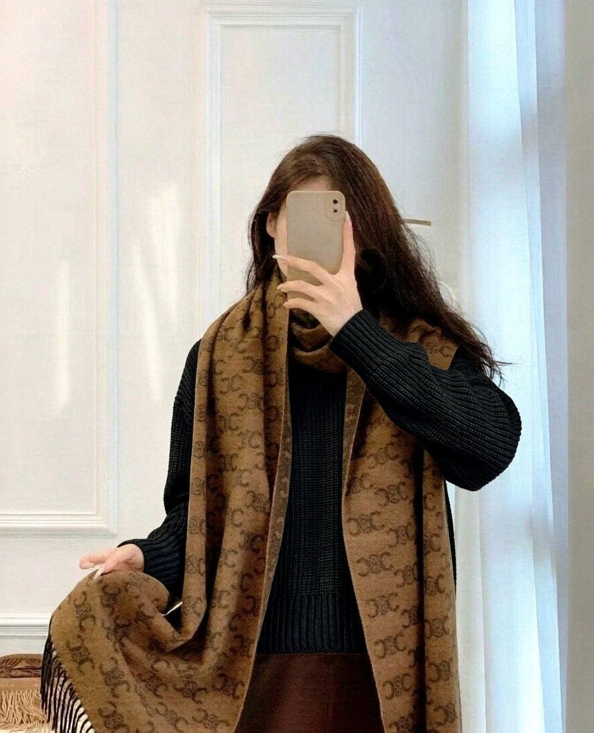 Celine Brown Patterned Fringed Scarf