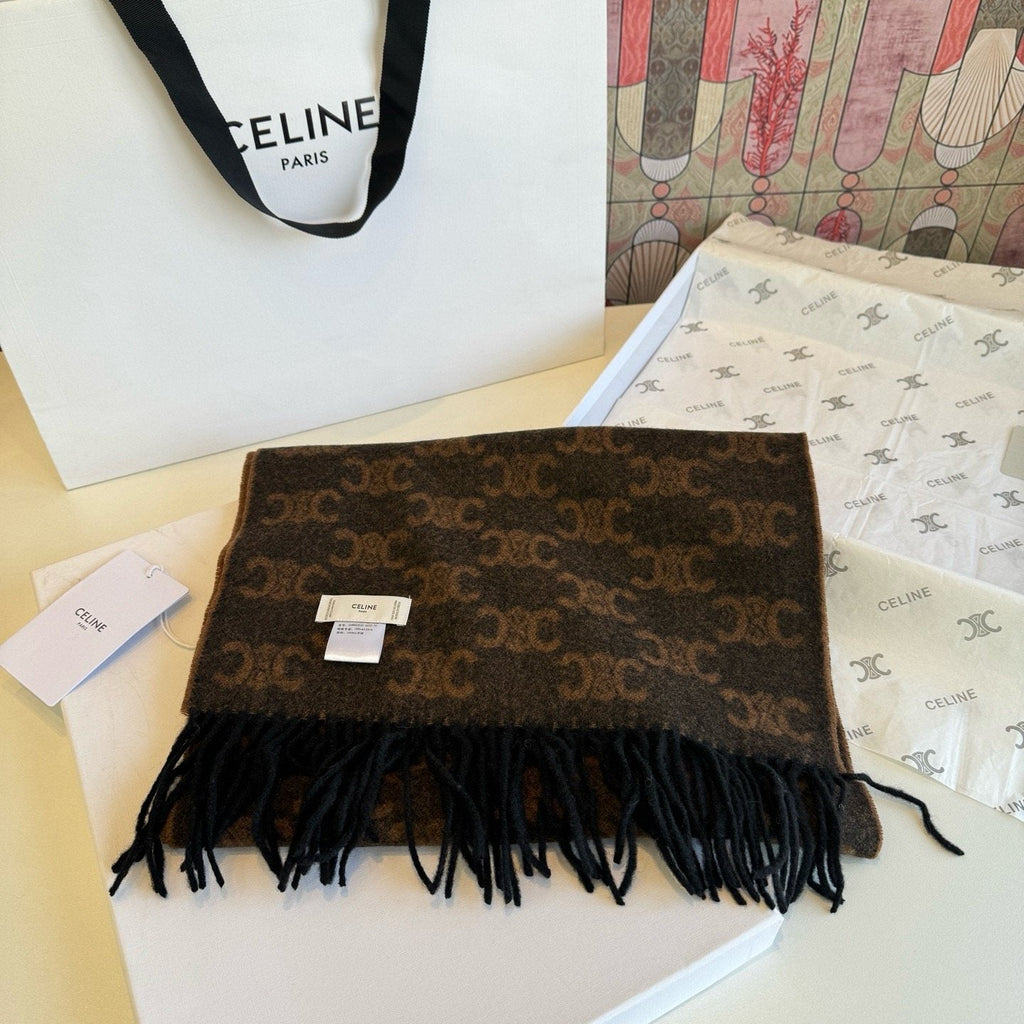 Celine Brown Patterned Fringed Scarf
