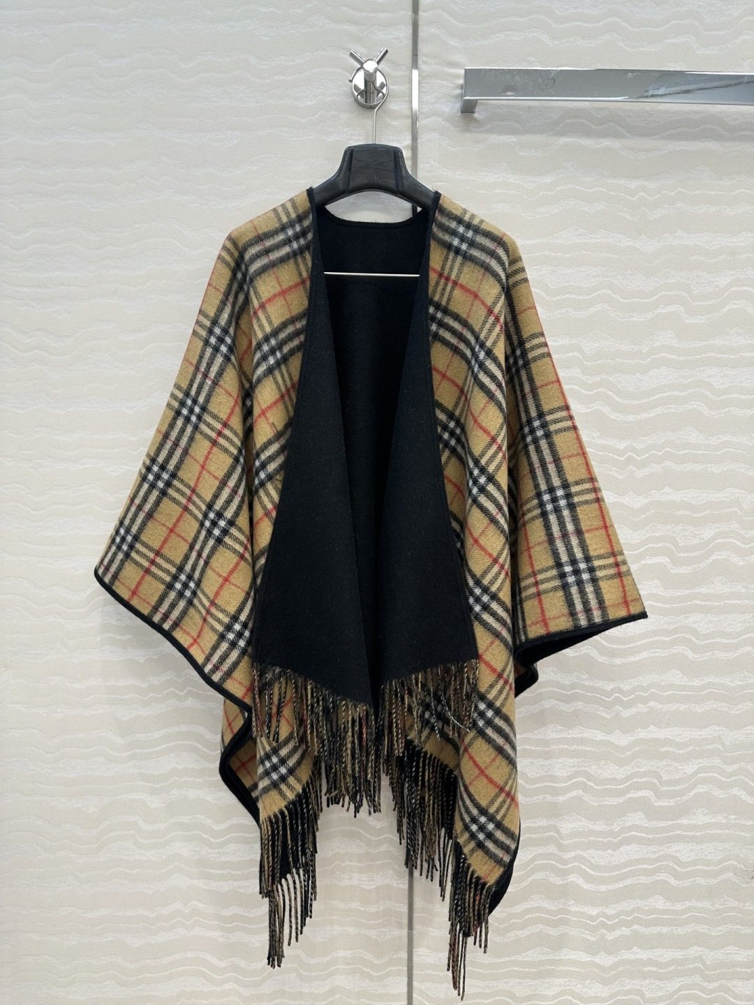 Burberry Fringed Plaid-Panel Poncho