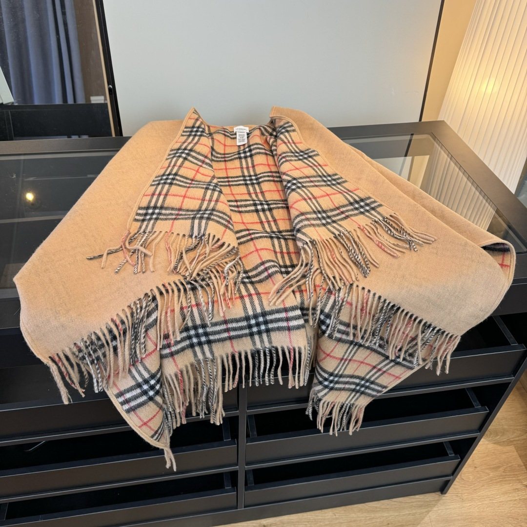 Burberry Fringed Plaid-Panel Poncho