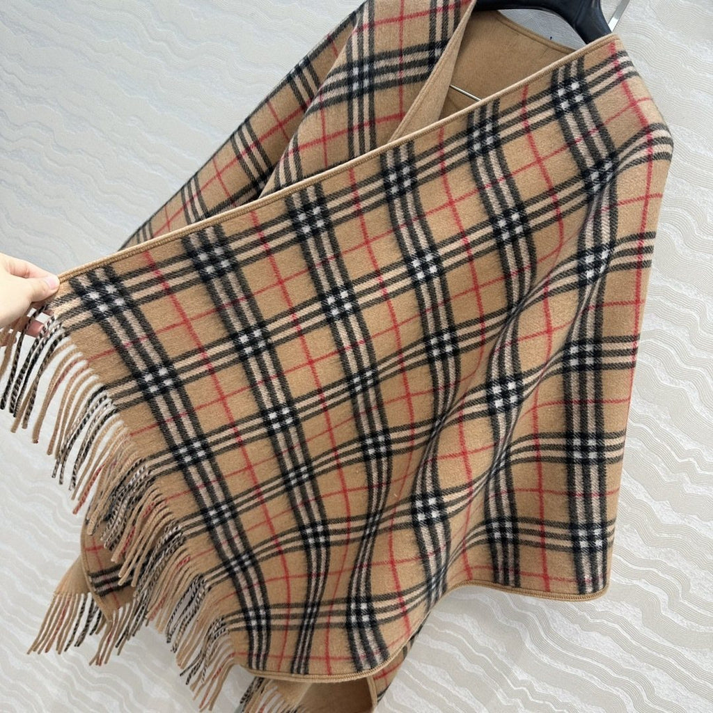 Burberry Fringed Plaid-Panel Poncho