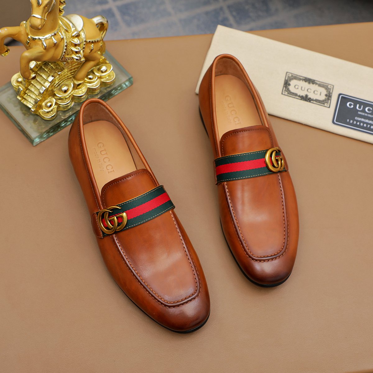 Gucci Striped-Strap Apron-Toe Loafers