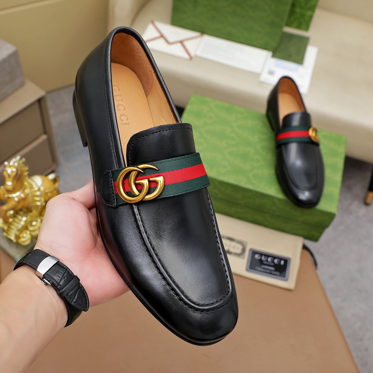 Gucci Striped-Strap Apron-Toe Loafers