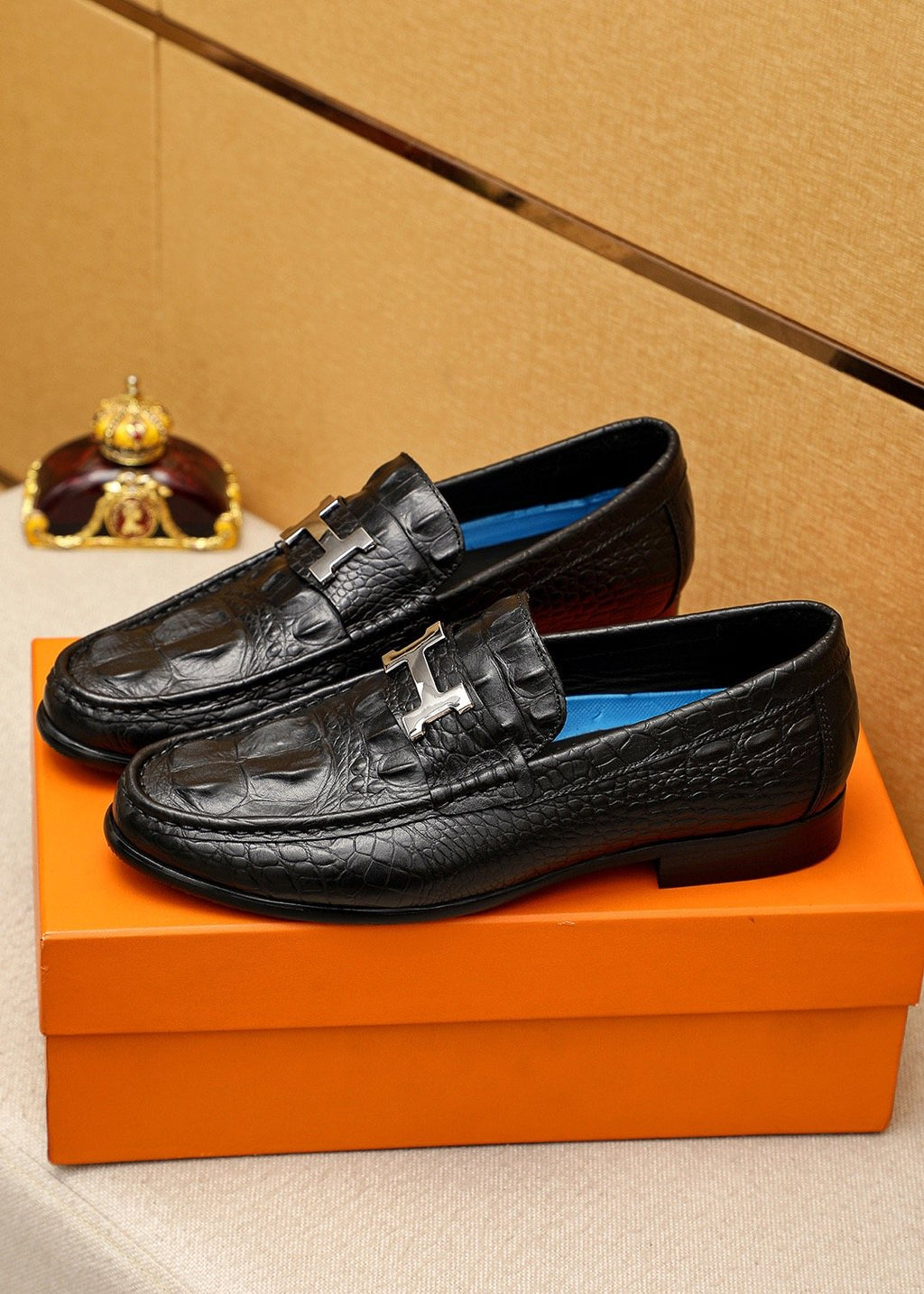 Hermès Crocodile-Embossed H-Hardware Loafers