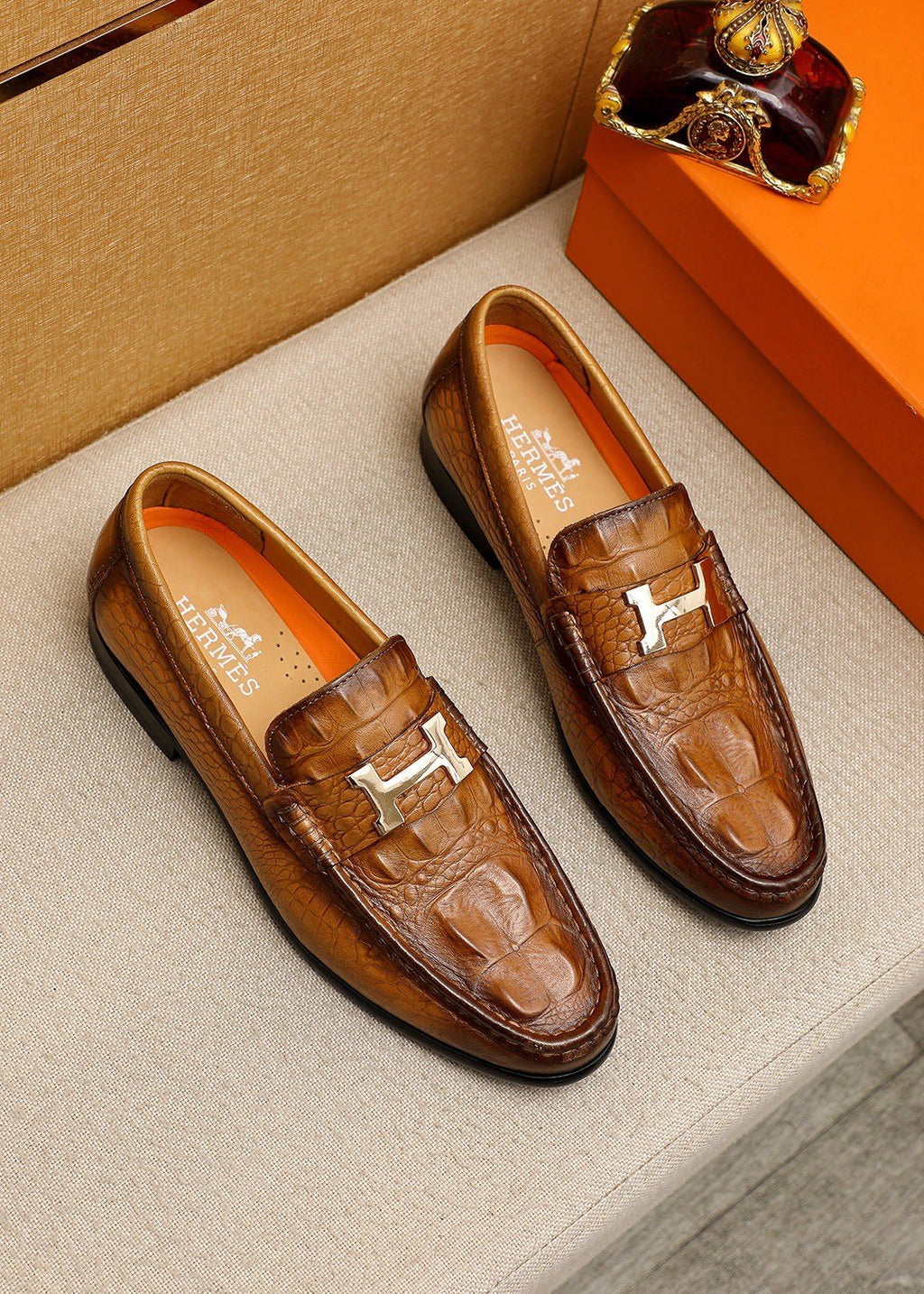 Hermès Crocodile-Embossed H-Hardware Loafers
